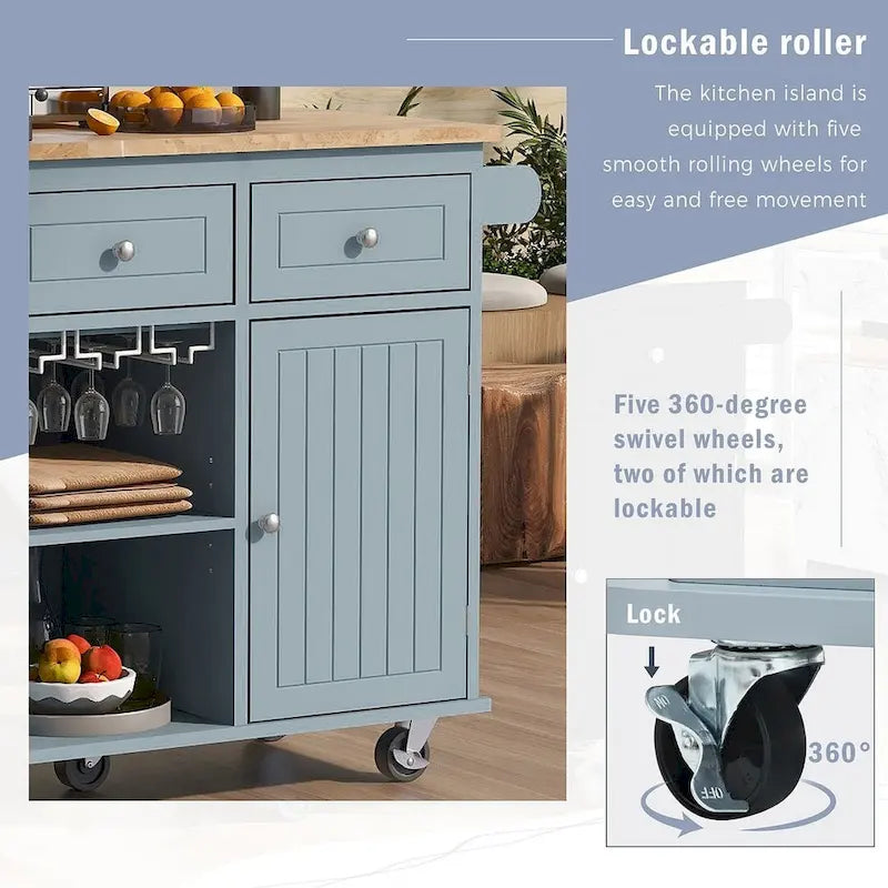 47 Modern Kitchen Cart with Electrical Outlet, Rubberwood Kitchen Island with Drop Leaf and Adjustable Storage Cabinet