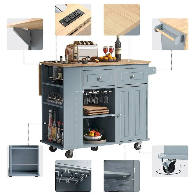 47 Modern Kitchen Cart with Electrical Outlet, Rubberwood Kitchen Island with Drop Leaf and Adjustable Storage Cabinet