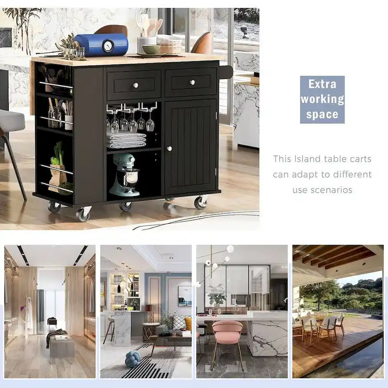 47 Modern Kitchen Cart with Electrical Outlet, Rubberwood Kitchen Island with Drop Leaf and Adjustable Storage Cabinet