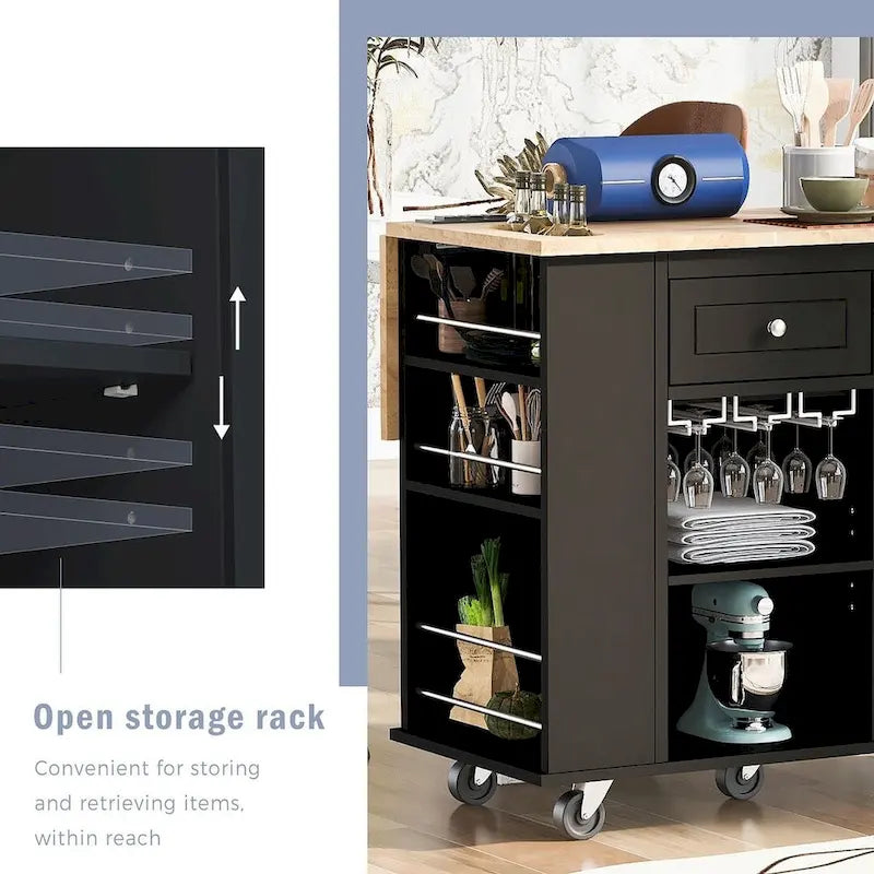 47 Modern Kitchen Cart with Electrical Outlet, Rubberwood Kitchen Island with Drop Leaf and Adjustable Storage Cabinet