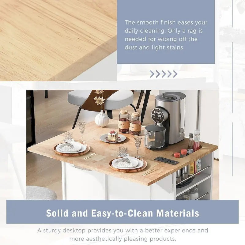 47 Modern Kitchen Cart with Electrical Outlet, Rubberwood Kitchen Island with Drop Leaf and Adjustable Storage Cabinet