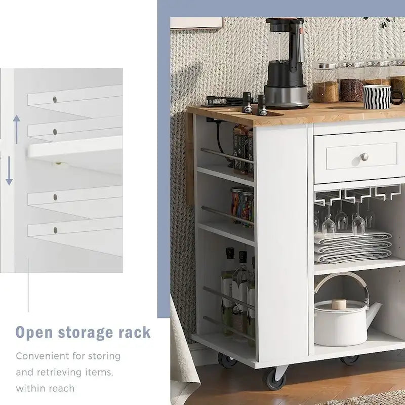 47 Modern Kitchen Cart with Electrical Outlet, Rubberwood Kitchen Island with Drop Leaf and Adjustable Storage Cabinet