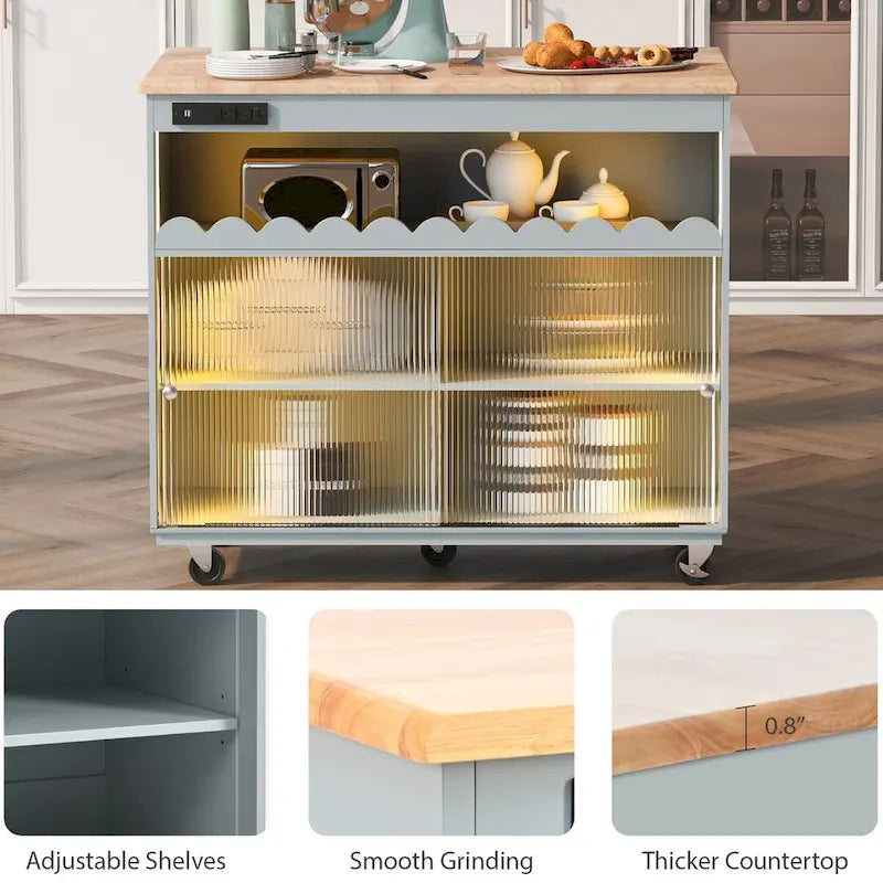 44 in. W Kitchen Island Rubberwood Drop-Leaf Countertop on 5 Wheels with Open Shelf and Wine Rack - 44