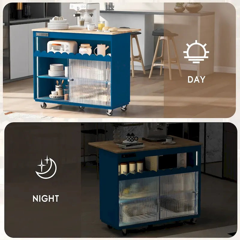 44 in. W Kitchen Island Rubberwood Drop-Leaf Countertop on 5 Wheels with Open Shelf and Wine Rack - 44