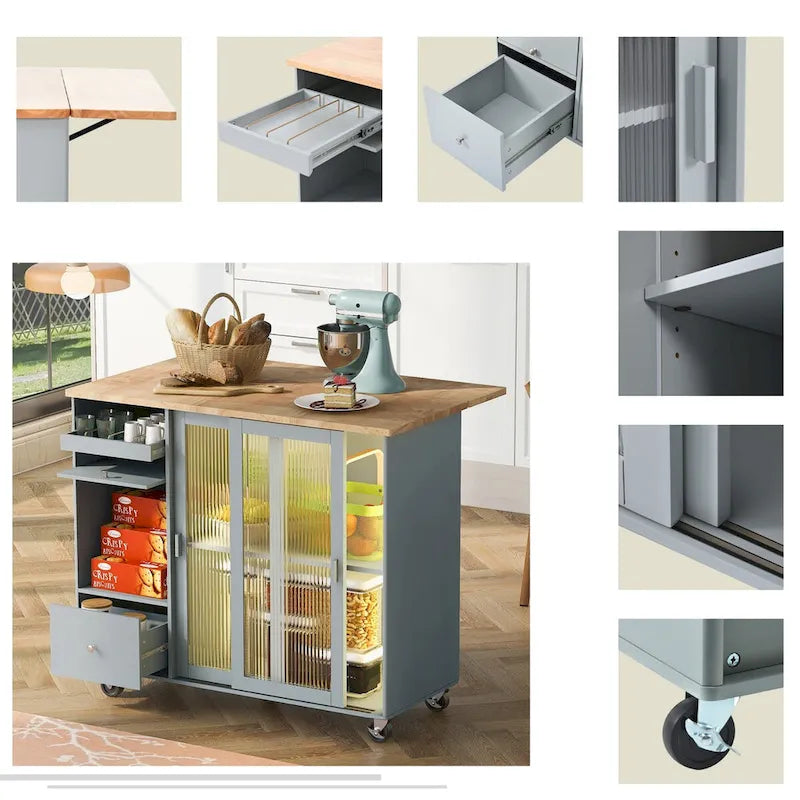 Kitchen Island Cart with Drop-Leaf Countertop, LED Lighting, Fluted Glass Doors, Adjustable Shelf, and Two Drawers