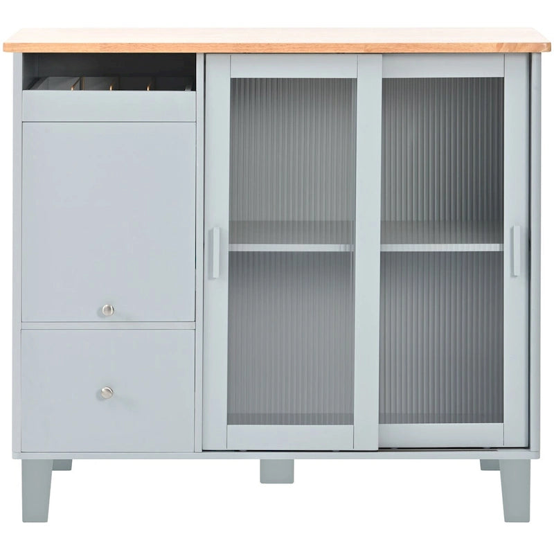 Kitchen Island Cart with Drop-Leaf Countertop, LED Lighting, Fluted Glass Doors, Adjustable Shelf, and Two Drawers