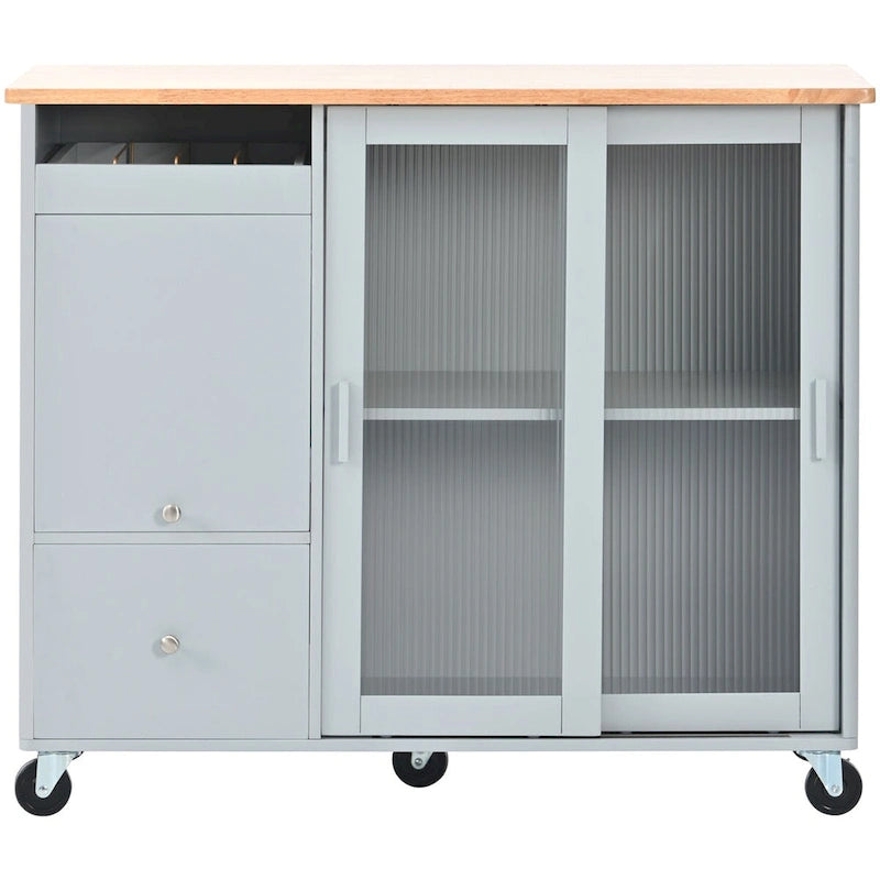 Kitchen Island Cart with Drop-Leaf Countertop, LED Lighting, Fluted Glass Doors, Adjustable Shelf, and Two Drawers