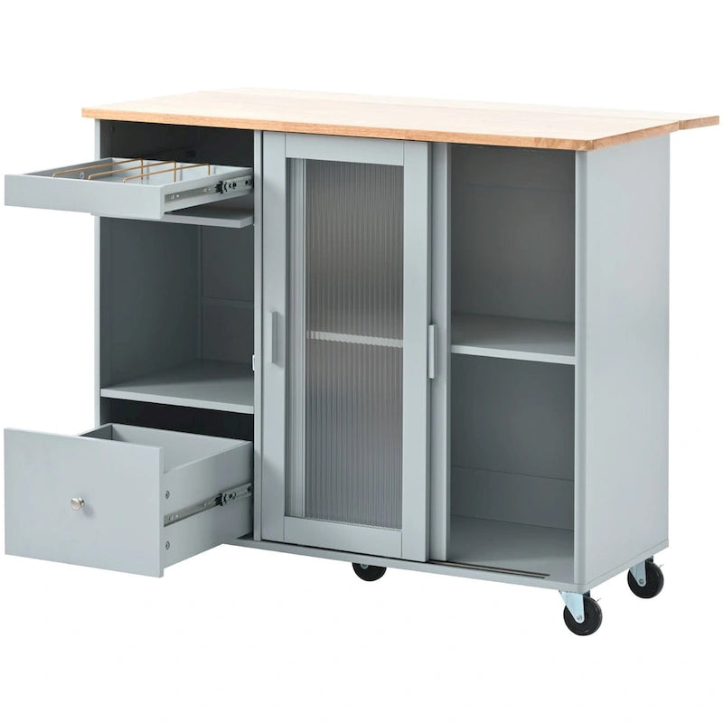 Kitchen Island Cart with Drop-Leaf Countertop, LED Lighting, Fluted Glass Doors, Adjustable Shelf, and Two Drawers