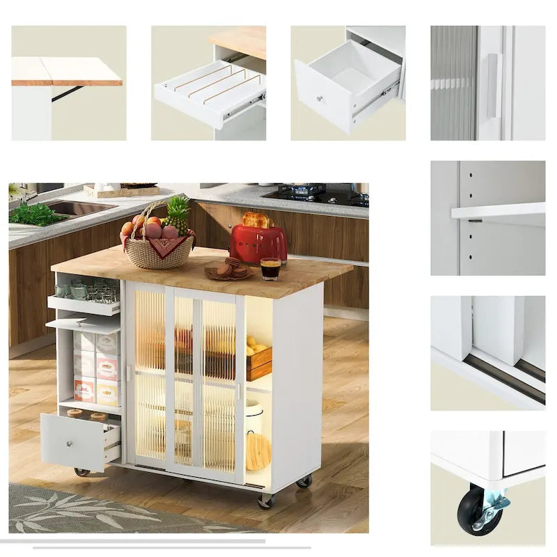 Kitchen Island Cart with Drop-Leaf Countertop, LED Lighting, Fluted Glass Doors, Adjustable Shelf, and Two Drawers