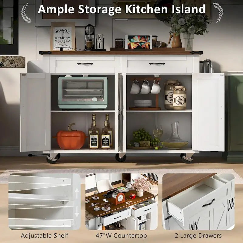 53.5Farmhouse Kitchen Island with Power Outlet, Kitchen Storage Island with Drop Leaf, Spice Rack and Drawer