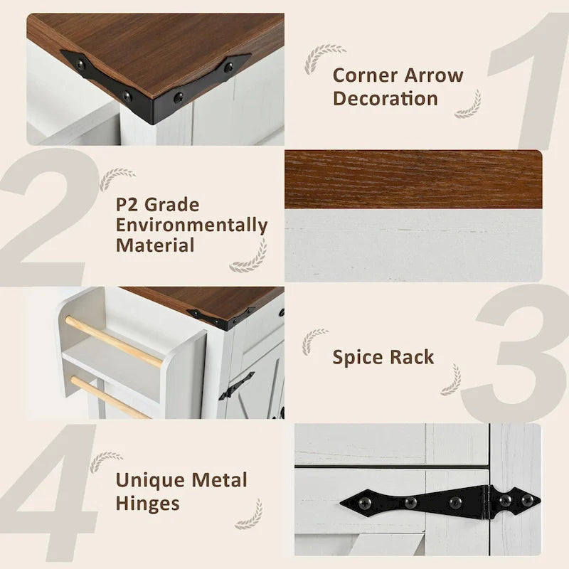 53.5Farmhouse Kitchen Island with Power Outlet, Kitchen Storage Island with Drop Leaf, Spice Rack and Drawer