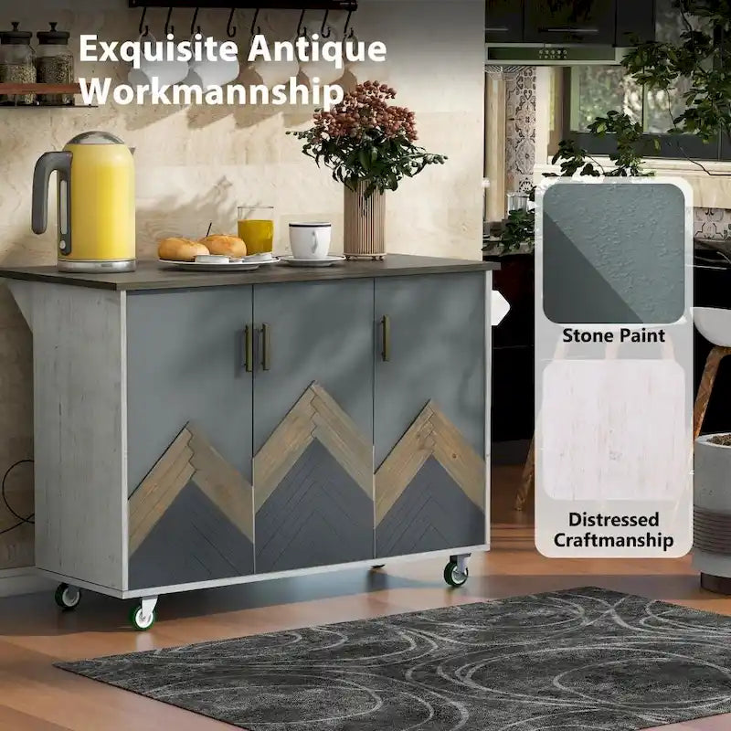 51 in. W Kitchen Island Retro Drop-Leaf Desktop on 4 Wheels with Internal Storage Rack and Towel Rack