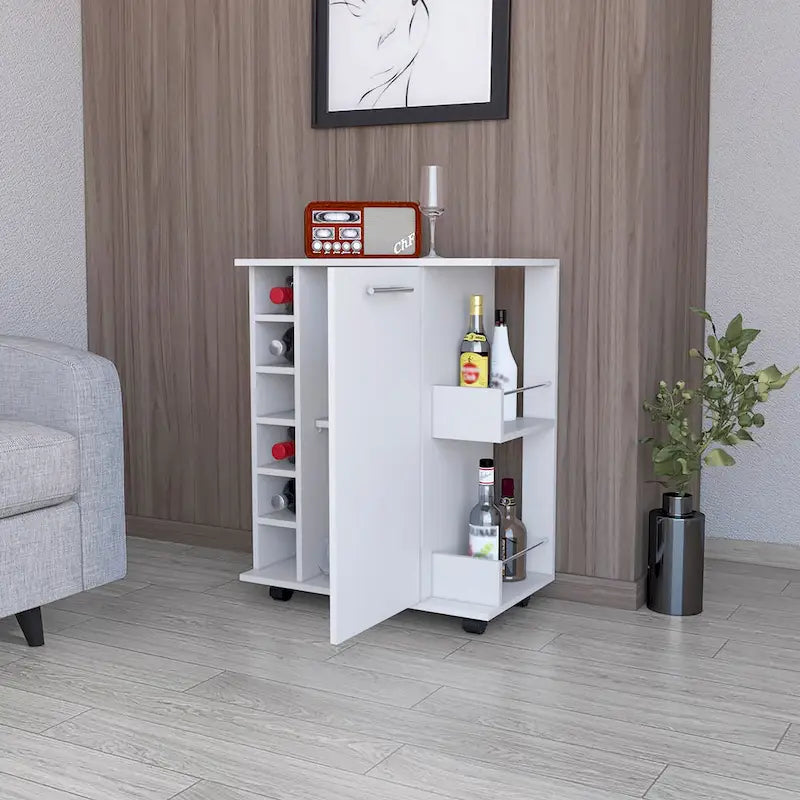 Woodland Bar Cart with Casters, Wine Rack and Open Shelf Black