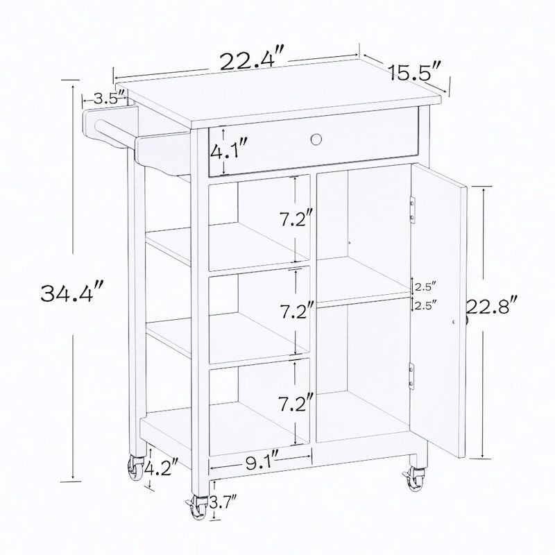 Kitchen Island Rolling Trolley Cart with Adjustable Shelves and Towel Rack - 25.98L * 15.55W * 34.06H