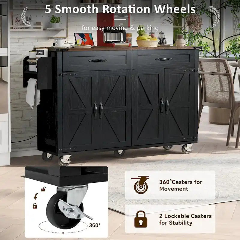 53.5 Farmhouse Kitchen Trolley with Power Outlet, Drop Leaf, Spice Rack, and Drawers, Mobile Cart on Wheels