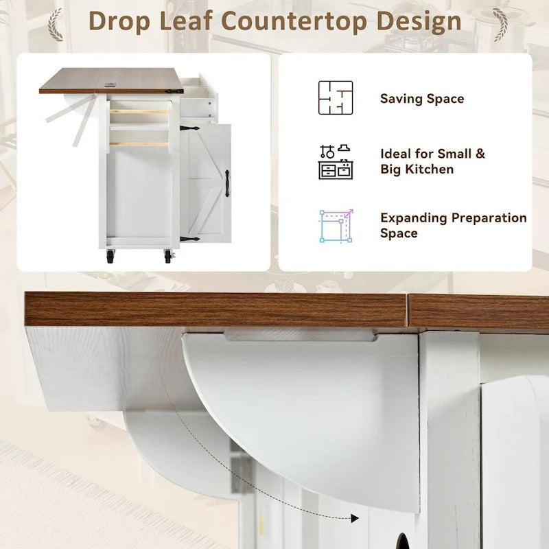 53.5 Farmhouse Kitchen Trolley with Power Outlet, Drop Leaf, Spice Rack, and Drawers, Mobile Cart on Wheels