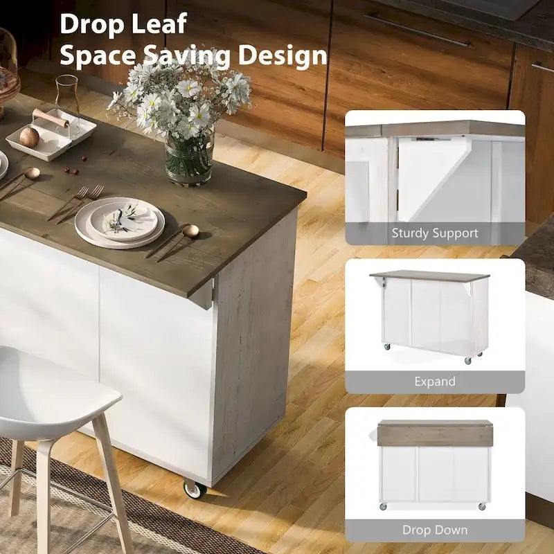 47D Wood Kitchen Island with Drop Leaf, with Internal Storage Rack