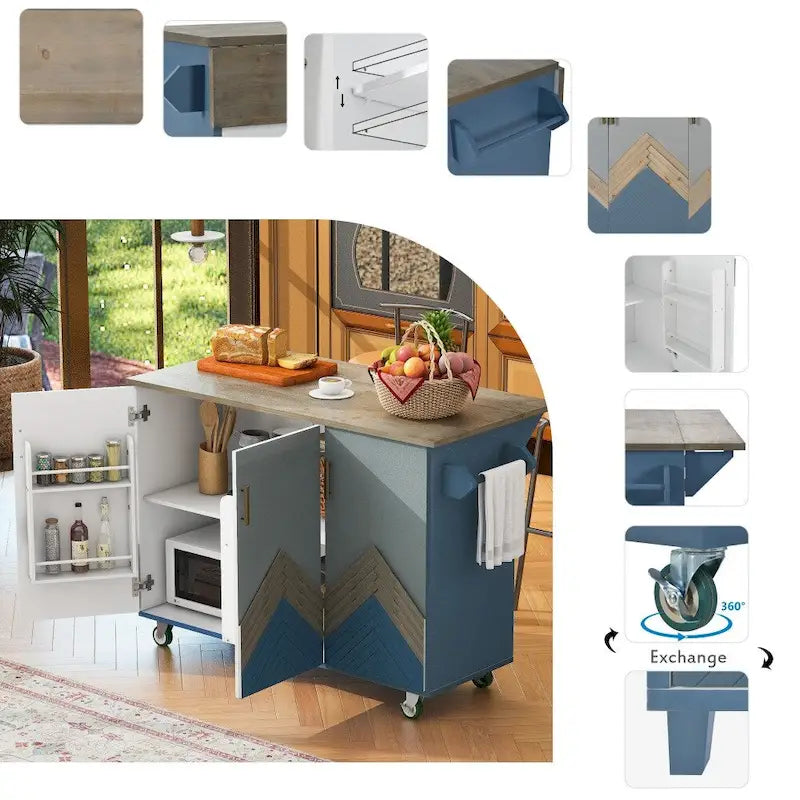 47D Wood Kitchen Island with Drop Leaf, with Internal Storage Rack