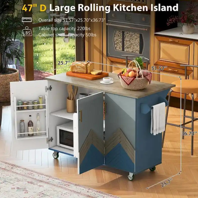 47D Wood Kitchen Island with Drop Leaf, with Internal Storage Rack
