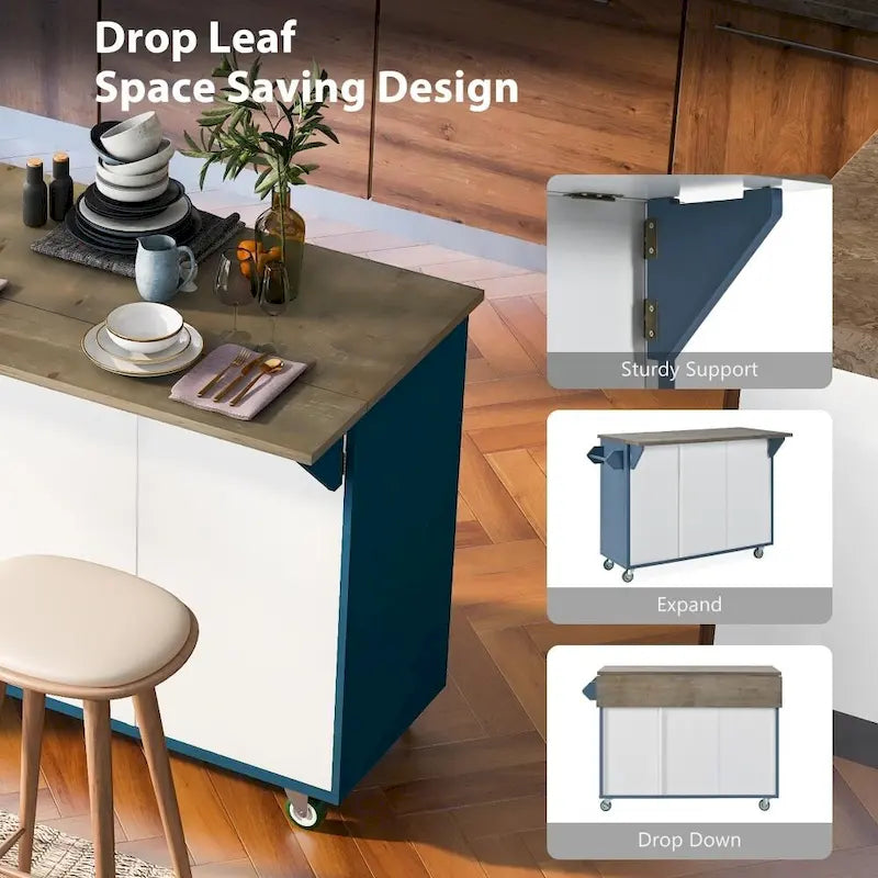 47D Wood Kitchen Island with Drop Leaf, with Internal Storage Rack