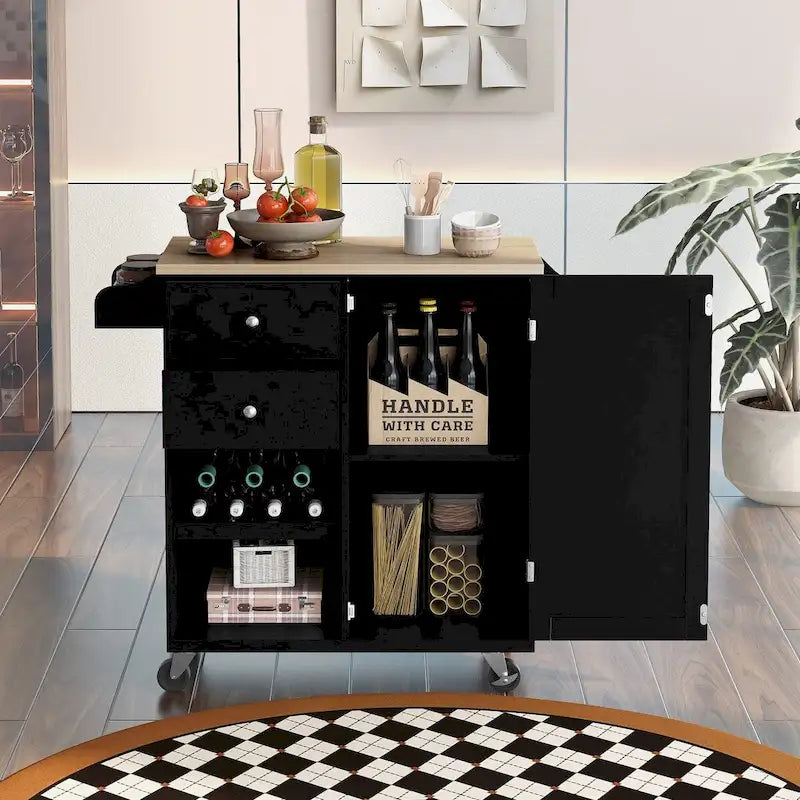 Rubberwood Kitchen Cart with Drop Leaf, Internal Storage Rack, Towel Holder, Spice Rack, and 2 drawers