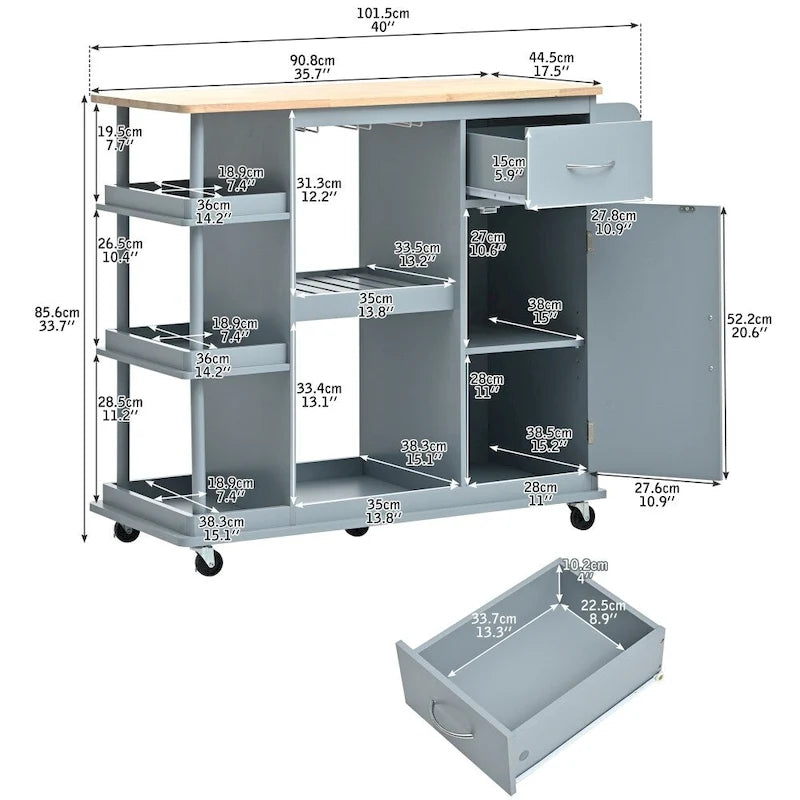 Rubber Wood Kitchen Cart with Adjustable Shelves and Wine Rack