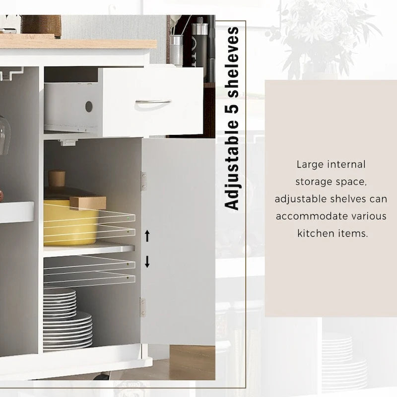 Rubber Wood Kitchen Cart with Adjustable Shelves and Wine Rack