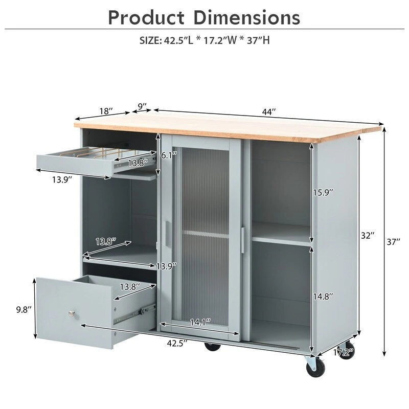 Kitchen Island Cart on Wheels with Drop Leaf,LED Light,2 Fluted Glass Doors and 1 Flip Cabinet Door