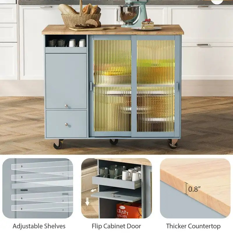 Kitchen Island Cart on Wheels with Drop Leaf,LED Light,2 Fluted Glass Doors and 1 Flip Cabinet Door