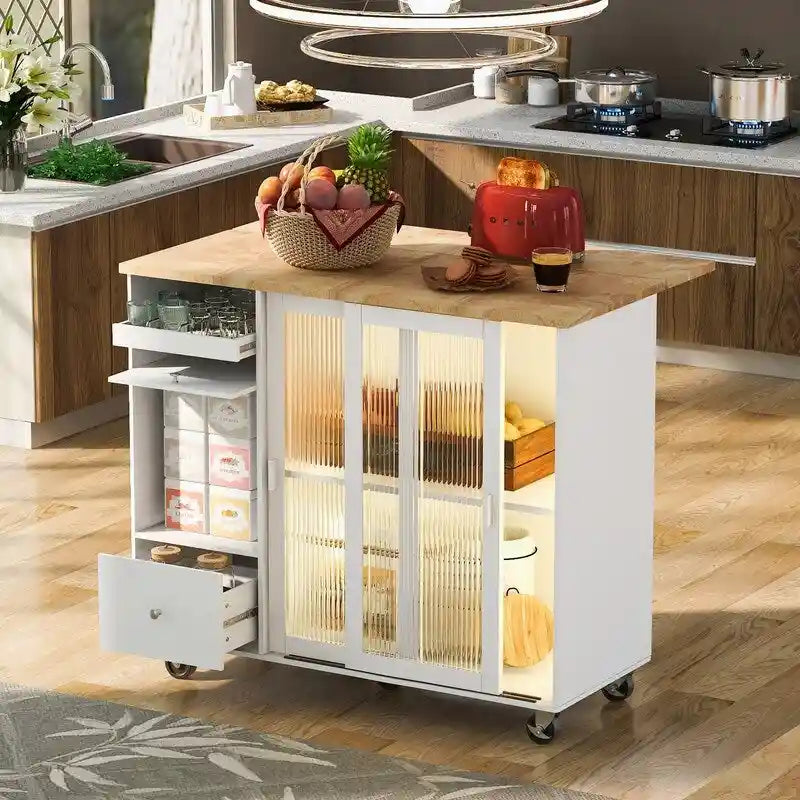 Kitchen Island Cart on Wheels with Drop Leaf,LED Light,2 Fluted Glass Doors and 1 Flip Cabinet Door