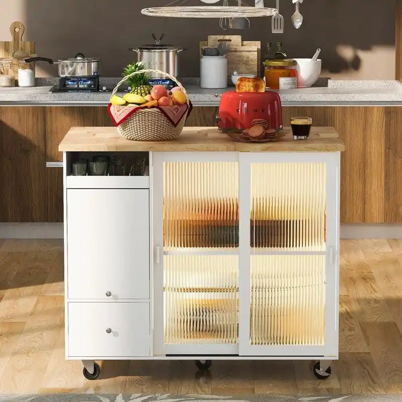 Kitchen Island Cart on Wheels with Drop Leaf,LED Light,2 Fluted Glass Doors and 1 Flip Cabinet Door