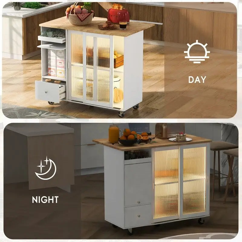 Kitchen Island Cart on Wheels with Drop Leaf,LED Light,2 Fluted Glass Doors and 1 Flip Cabinet Door