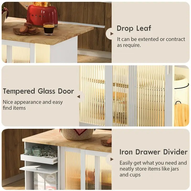 Kitchen Island Cart on Wheels with Drop Leaf,LED Light,2 Fluted Glass Doors and 1 Flip Cabinet Door