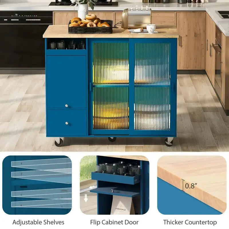 Kitchen Island Cart on Wheels with Drop Leaf,LED Light,2 Fluted Glass Doors and 1 Flip Cabinet Door