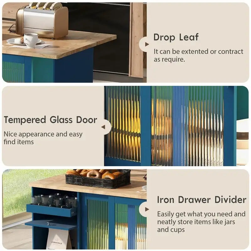 Kitchen Island Cart on Wheels with Drop Leaf,LED Light,2 Fluted Glass Doors and 1 Flip Cabinet Door