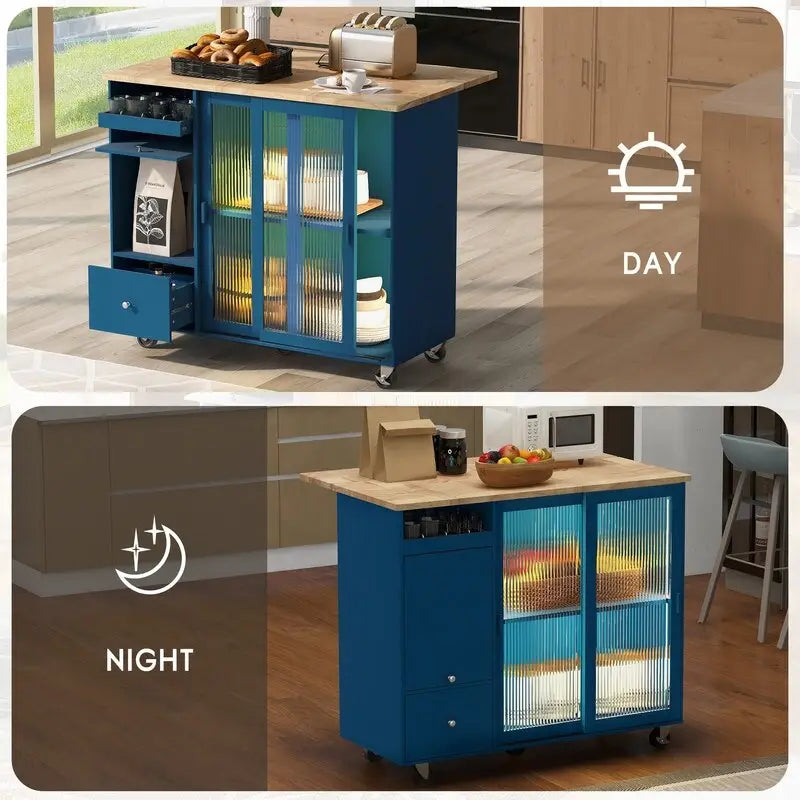 Kitchen Island Cart on Wheels with Drop Leaf,LED Light,2 Fluted Glass Doors and 1 Flip Cabinet Door