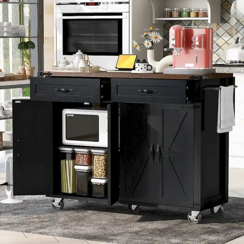 53.5 Farmhouse Kitchen Island with Power Outlet, Kitchen Storage Island with Drop Leaf, Rolling Cart On Wheels.