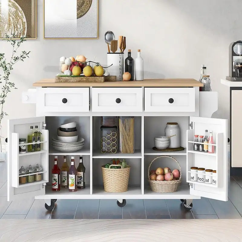 Rubberwood Drop Leaf Countertop Kitchen Cart with Door Inside Storage Rack and 3 Drawers