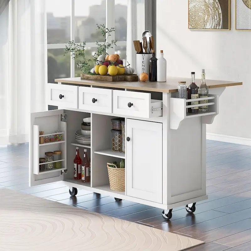 Rubberwood Drop Leaf Countertop Kitchen Cart with Door Inside Storage Rack and 3 Drawers