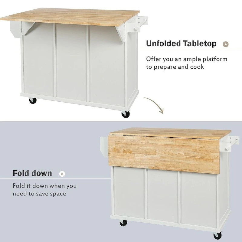 Rubberwood Drop Leaf Countertop Kitchen Cart with Door Inside Storage Rack and 3 Drawers