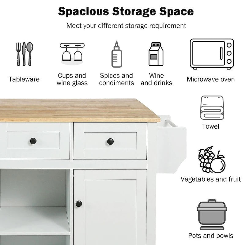 Rubberwood Drop Leaf Countertop Kitchen Cart with Door Inside Storage Rack and 3 Drawers