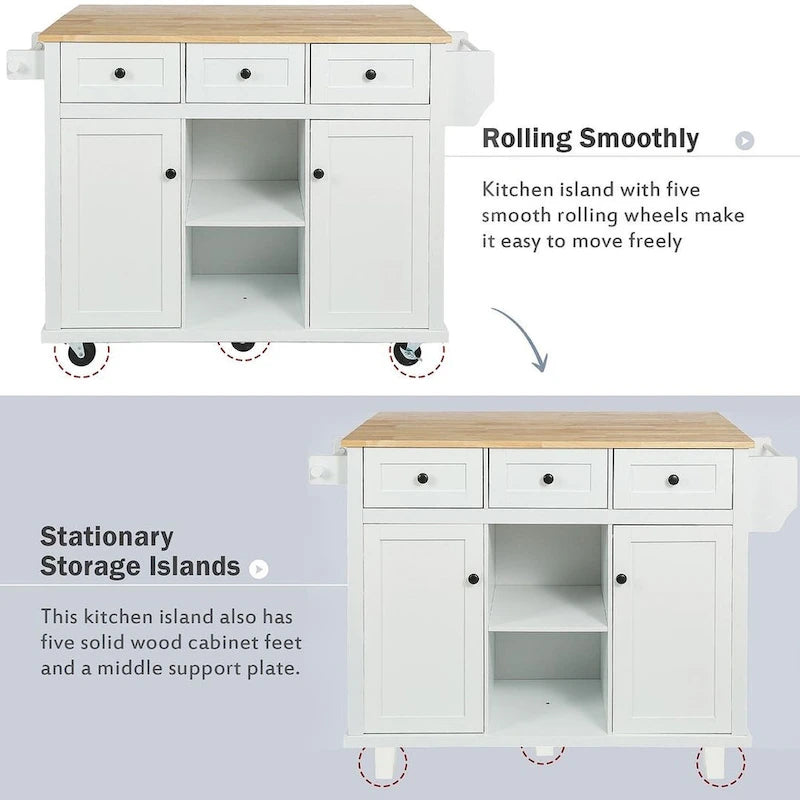 Rubberwood Drop Leaf Countertop Kitchen Cart with Door Inside Storage Rack and 3 Drawers