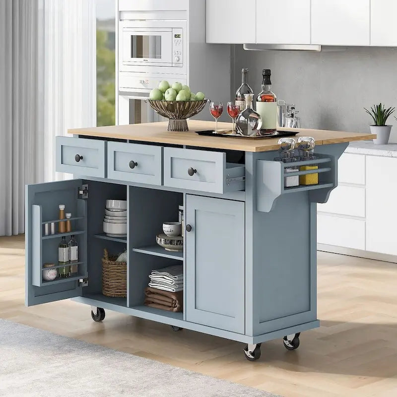 Rubberwood Drop Leaf Countertop Kitchen Cart with Door Inside Storage Rack and 3 Drawers