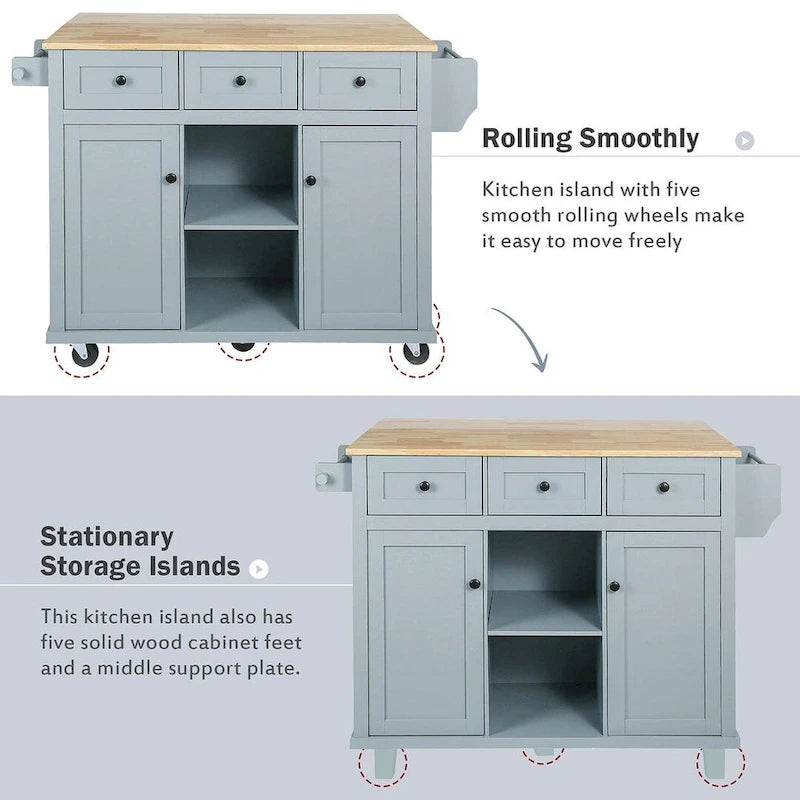 Rubberwood Drop Leaf Countertop Kitchen Cart with Door Inside Storage Rack and 3 Drawers