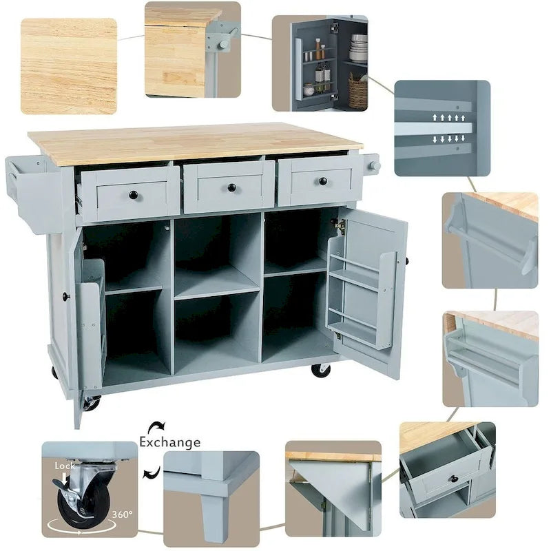 Rubberwood Drop Leaf Countertop Kitchen Cart with Door Inside Storage Rack and 3 Drawers