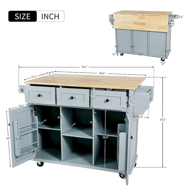 Rubberwood Drop Leaf Countertop Kitchen Cart with Door Inside Storage Rack and 3 Drawers
