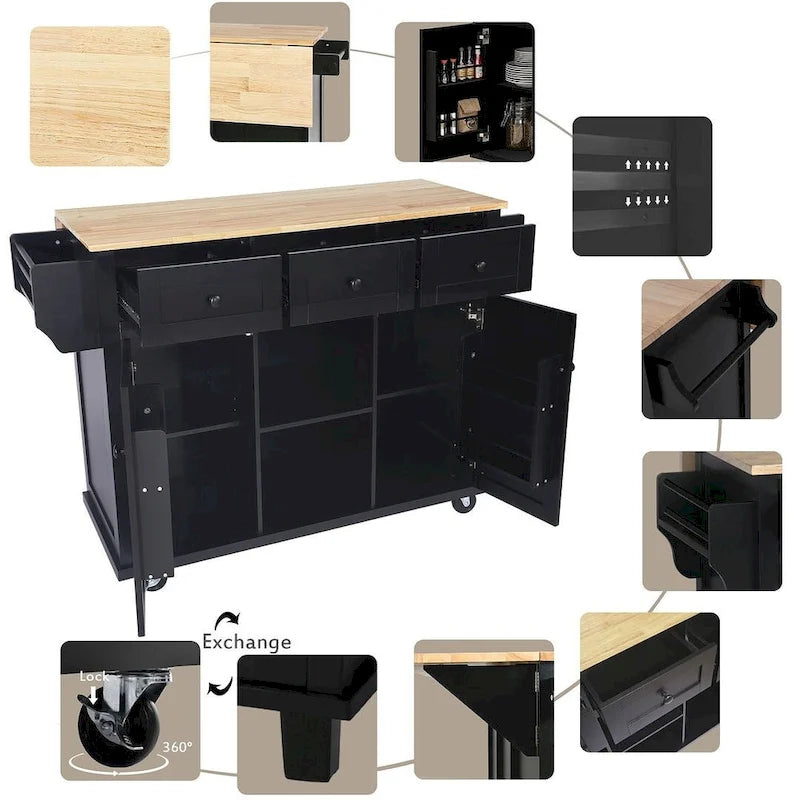 Rubberwood Drop Leaf Countertop Kitchen Cart with Door Inside Storage Rack and 3 Drawers