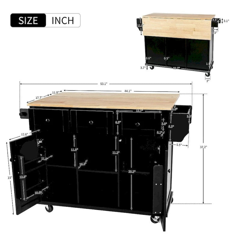 Rubberwood Drop Leaf Countertop Kitchen Cart with Door Inside Storage Rack and 3 Drawers