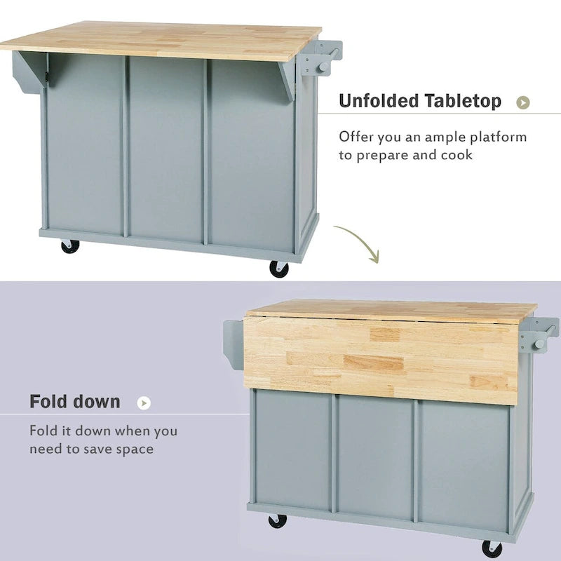Kitchen Cart with Rubber wood Drop-Leaf Countertop ,Cabinet Door Internal Storage Racks