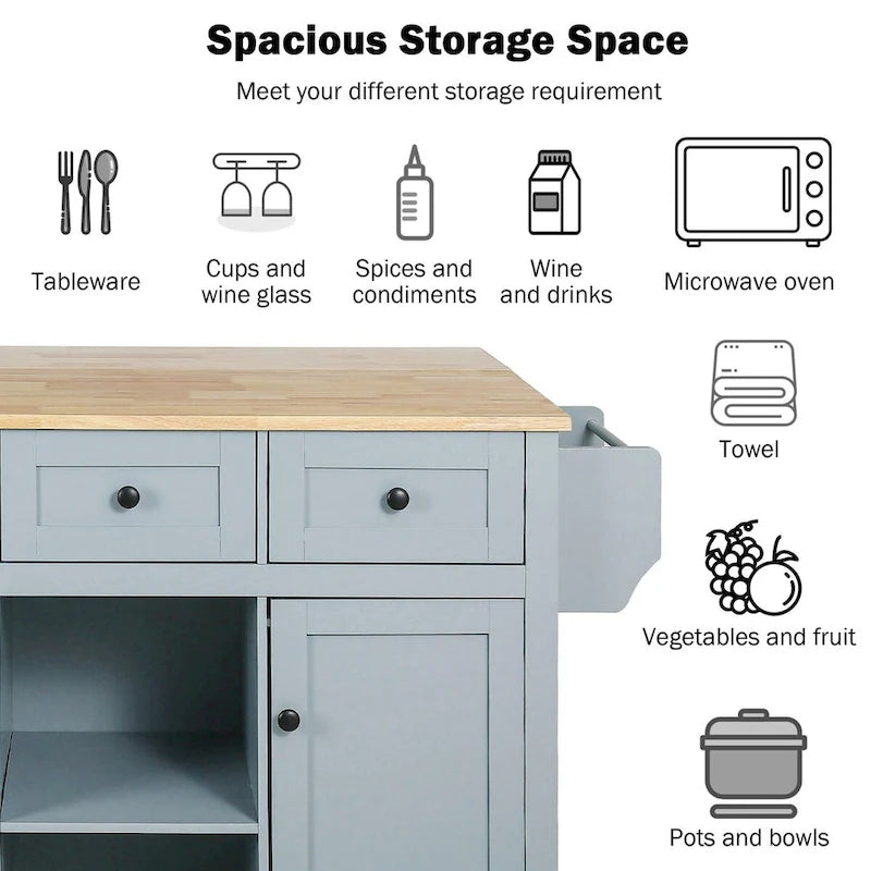 Kitchen Cart with Rubber wood Drop-Leaf Countertop ,Cabinet Door Internal Storage Racks